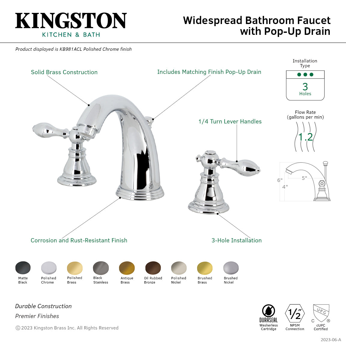 Kingston Tulare KB986ACLPN - American Classic Two-Handle 3-Hole Deck Mount Widespread Bathroom Faucet with Pop-Up Drain, Polished Nickel — thumbnail 2